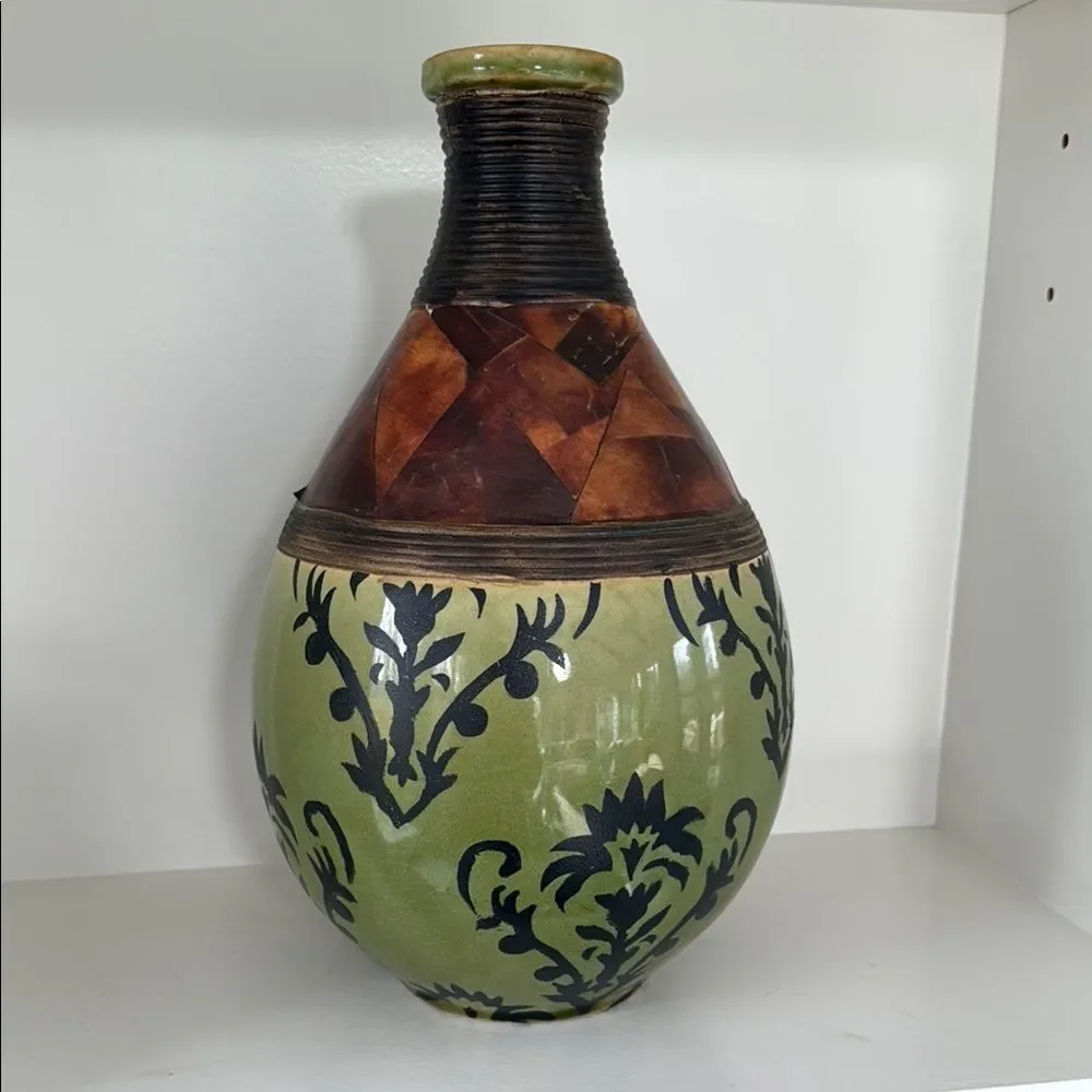 PIER ONE LARGE Decorative Ceramic Vase with Green Brown Black Pattern Decor